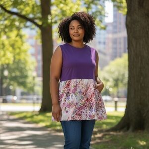 Floral Purple Sleeveless Tunic Top